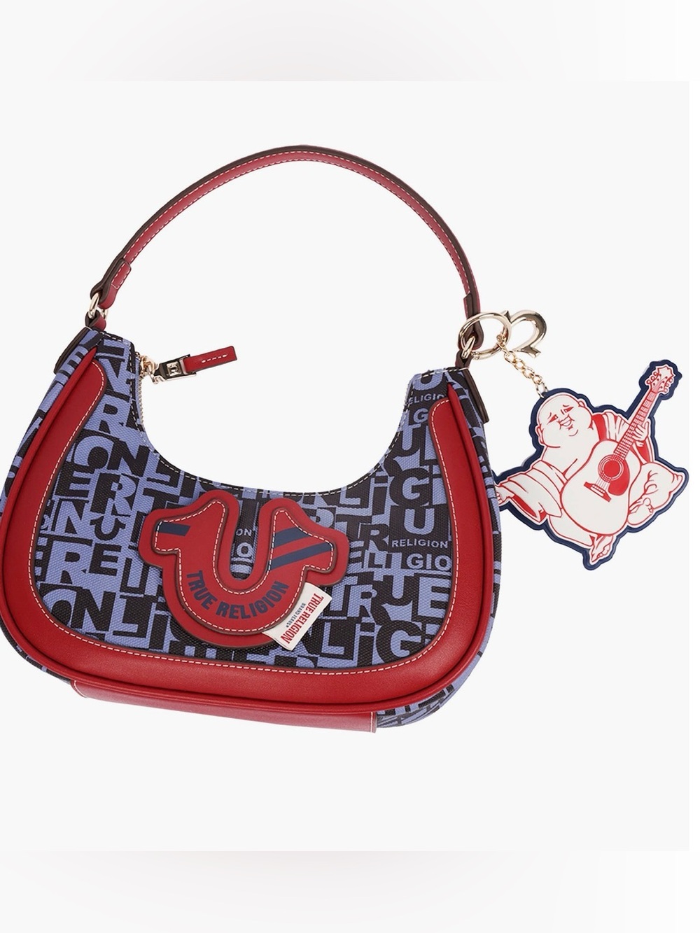 True Religion Graphic Horseshoe Hobo Bag in Blue and Red w/Buddha Charm